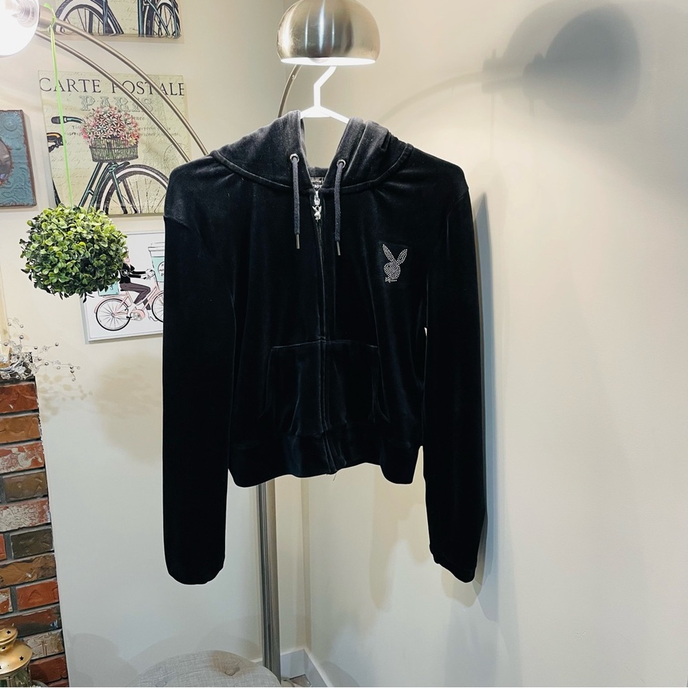 Black PLAYBOY Velour Zip-Up Hoodie